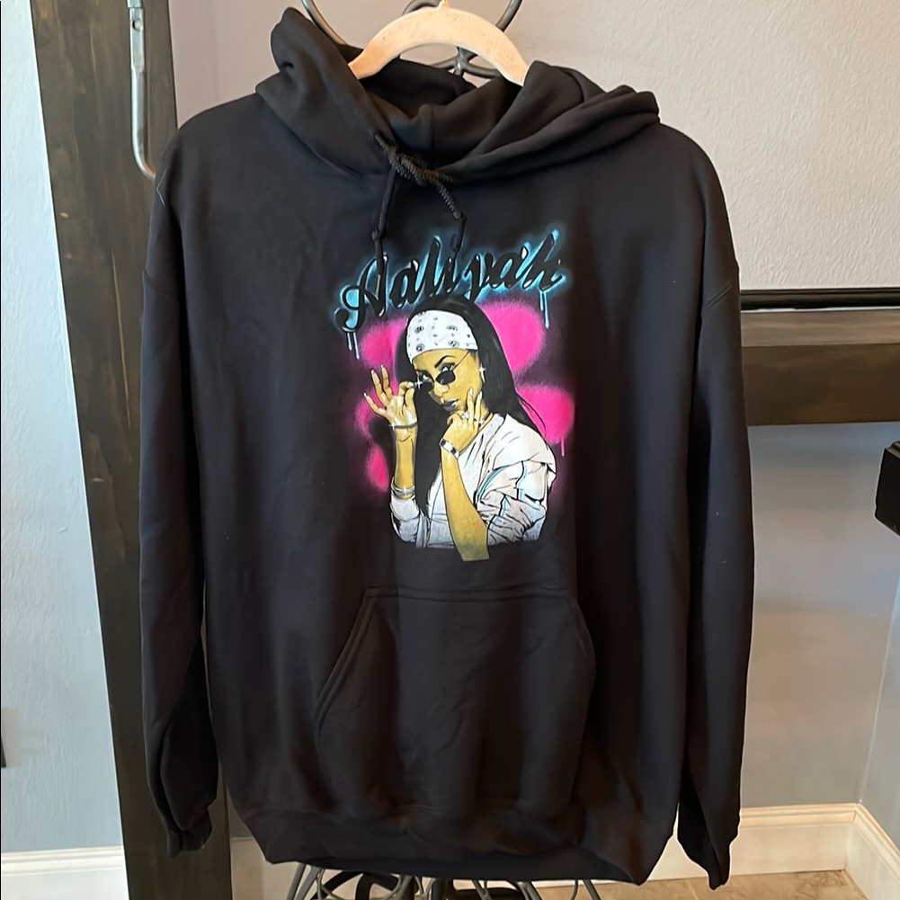 Aaliyah Black Graphic Hoodie With Pink And White Design With Front Pocket